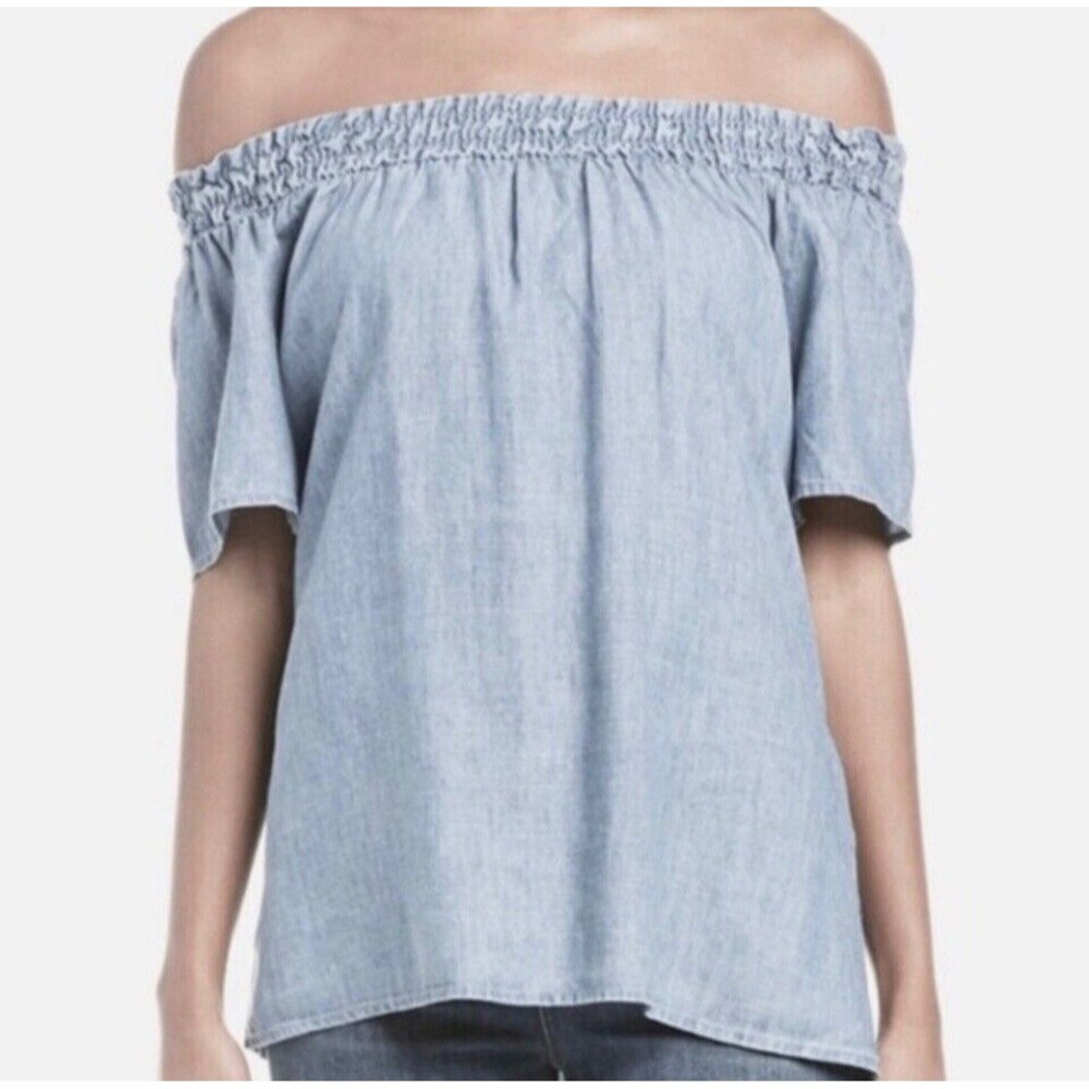 Michael Stars Linen Off Shoulder Denim Top Women Medium Lite Blue Stylish Artist